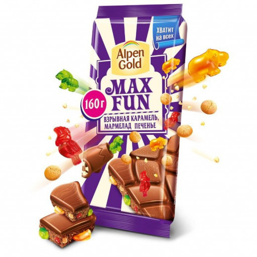 Шоколад max-fun карамель-мармелад-печенье "Alpen Gold" 160гр